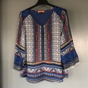 Boho Hippie Tunic Sz M Flowy Sheer Blouse Lace accents V-neck 3/4 Sleeves